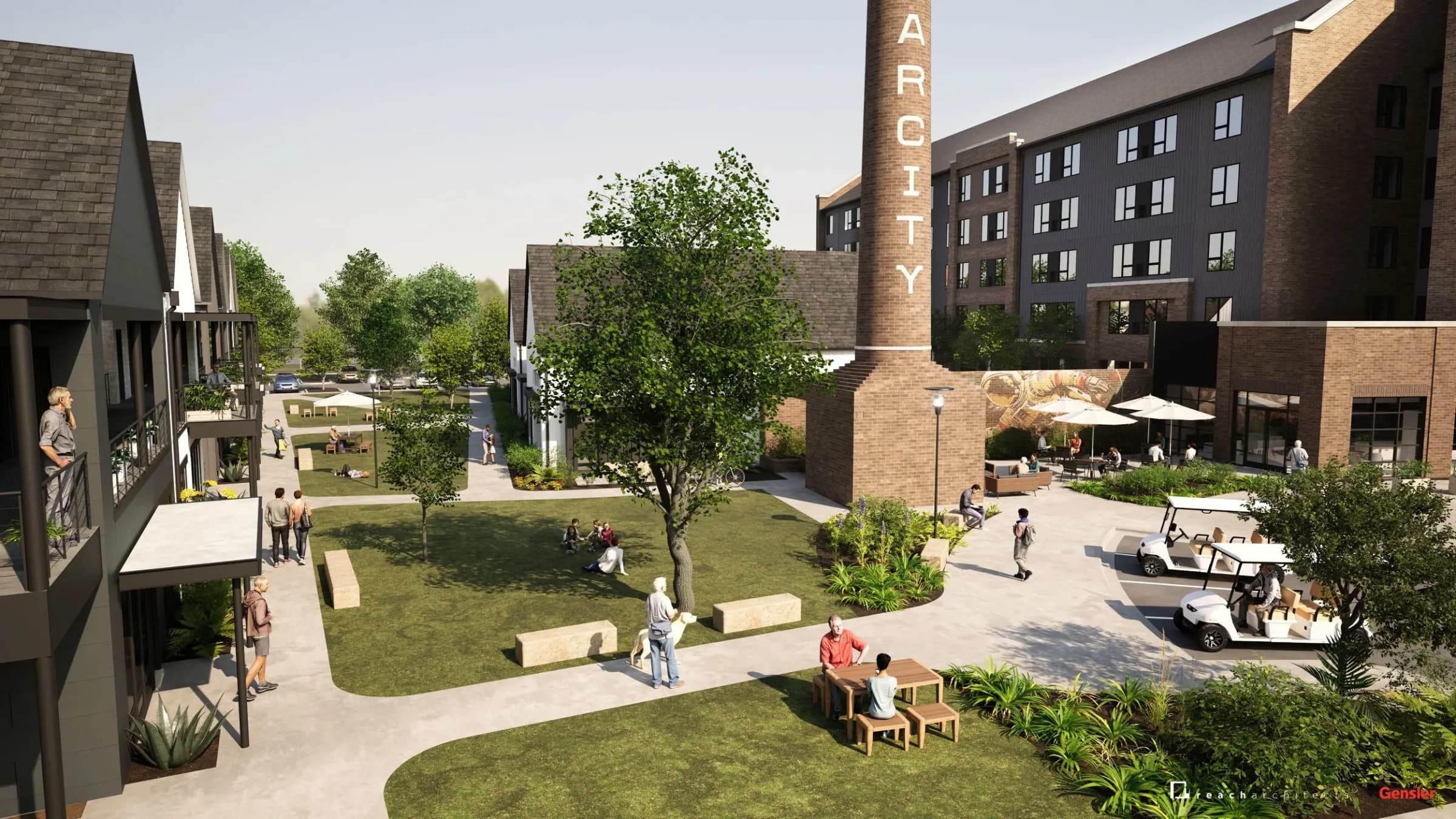 Rendering of the Varcity at Purdue courtyard beneath the Varcity smokestack, with residents walking and relaxing