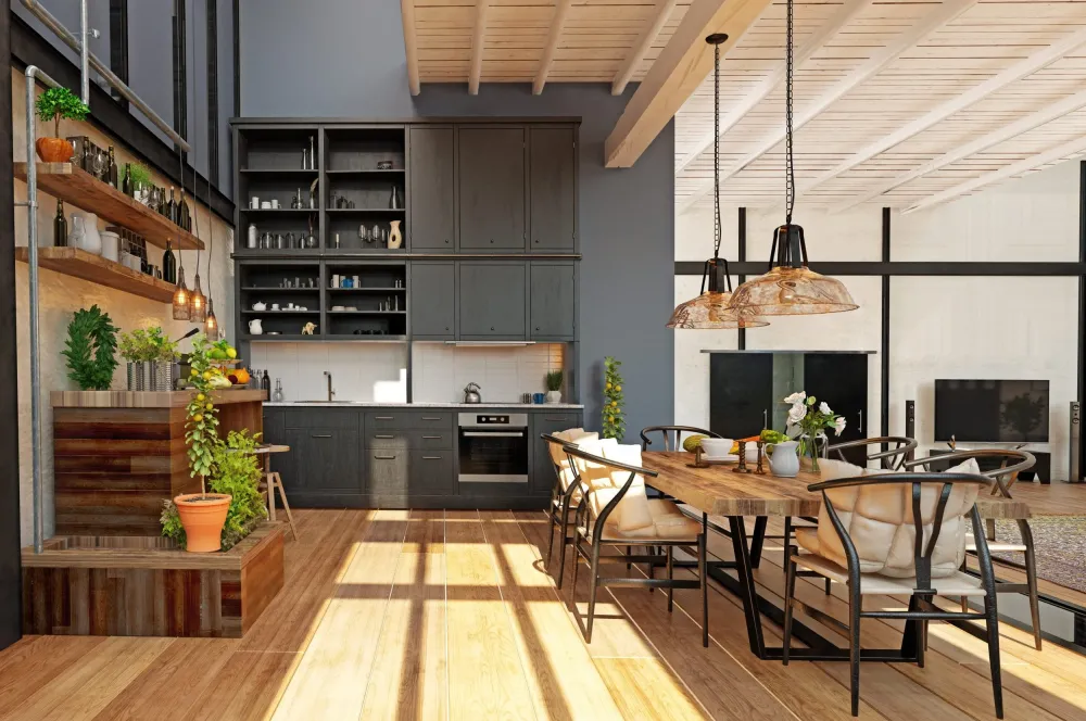 Sunlit open kitchen and dining room with a wooden table