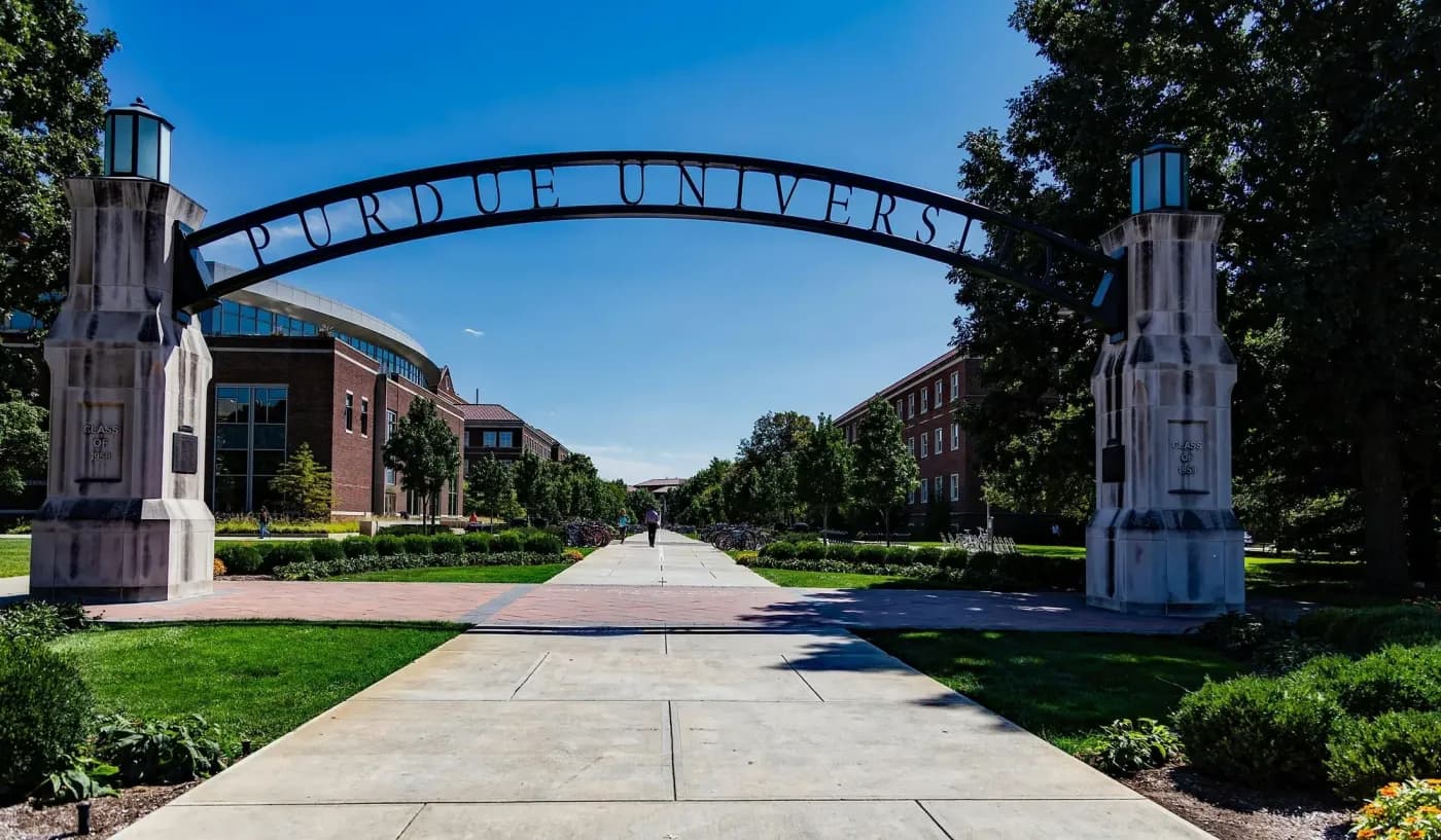 The Purdue University arch gateway on a sunny day