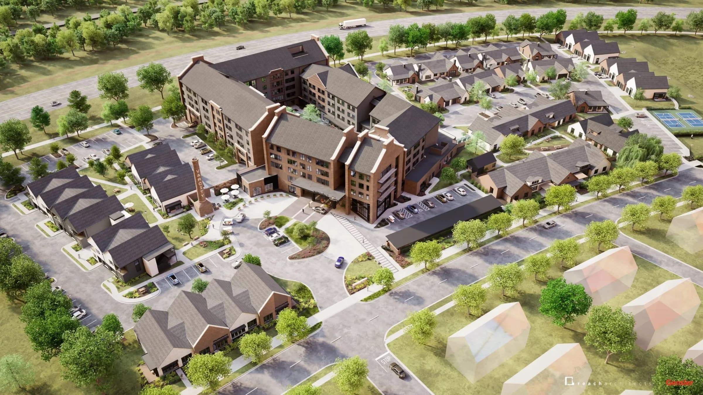 Aerial rendering of the Varcity at Purdue community: the main brick residence, townhomes and pickleball courts