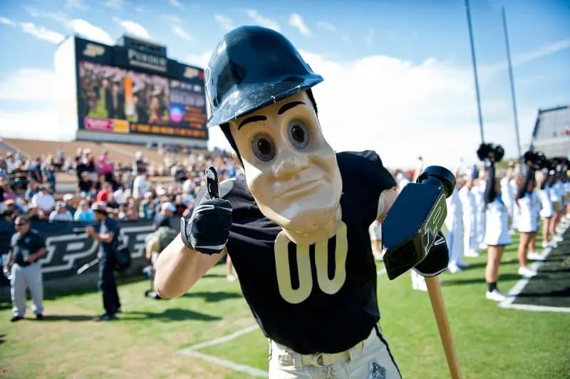Purdue Pete giving a thumbs up on the football field