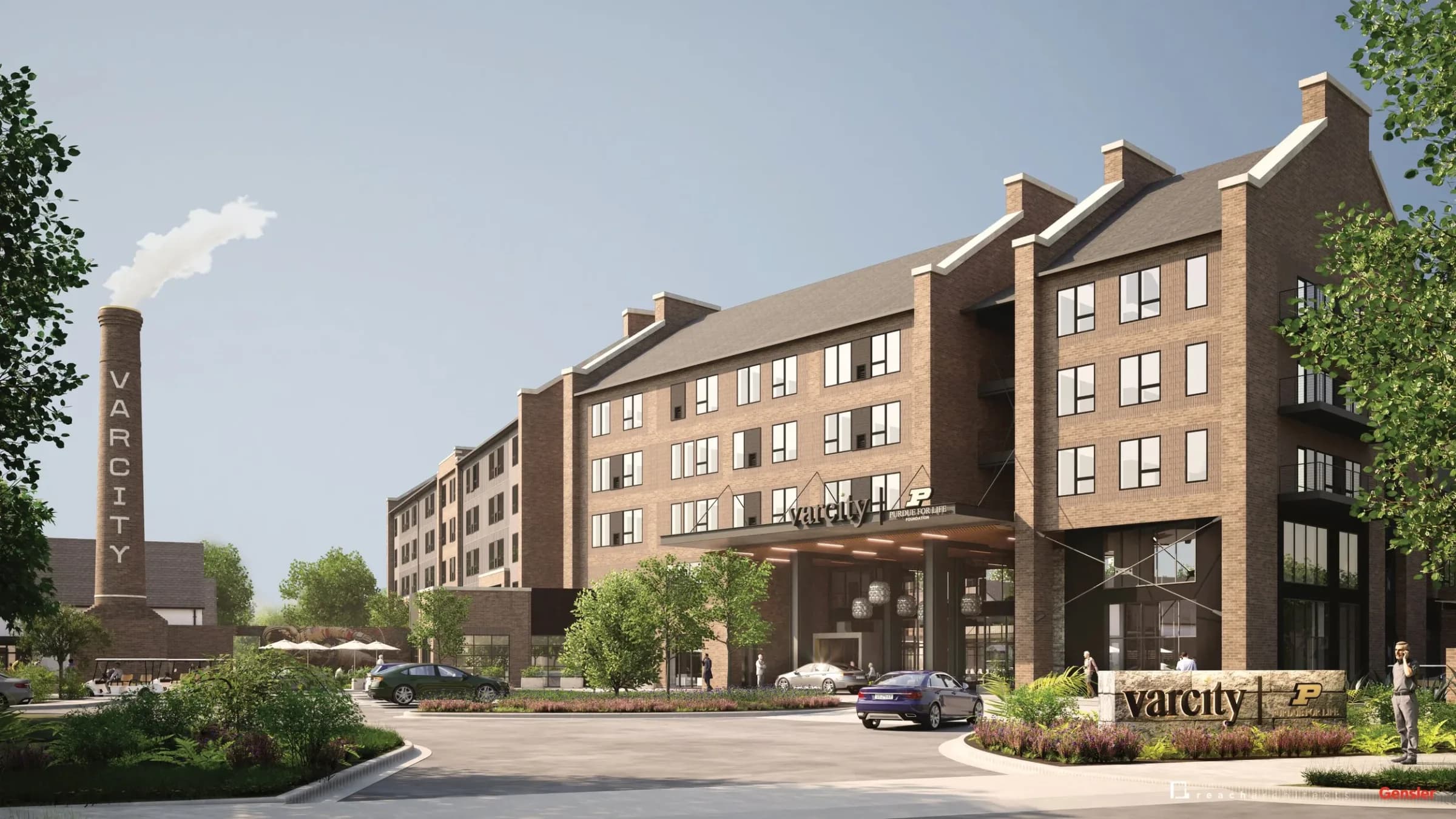 Rendering of the Varcity at Purdue main entrance, with its covered arrival drive, brick facade and Varcity smokestack