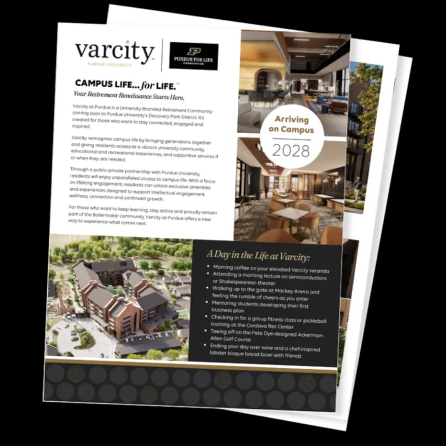 Pages of the Varcity at Purdue Information Kit: Campus Life for Life, Arriving on Campus 2028, and A Day in the Life at Varcity