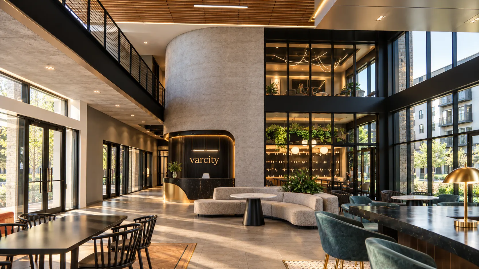 Double-height Varcity lobby with a gold-lit reception desk, curved stone wall, and lounge seating